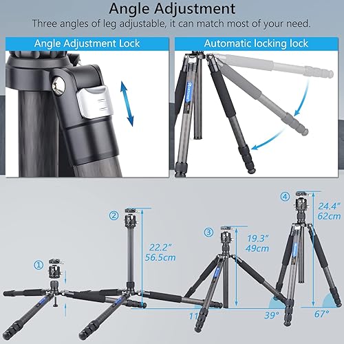 Miniatura 5 de Trípode de fibra de carbono con cabeza esférica de perfil bajo, tubo de carbono de 10 capas, trípode de viaje portátil resistente, 72.6 pulgadas -