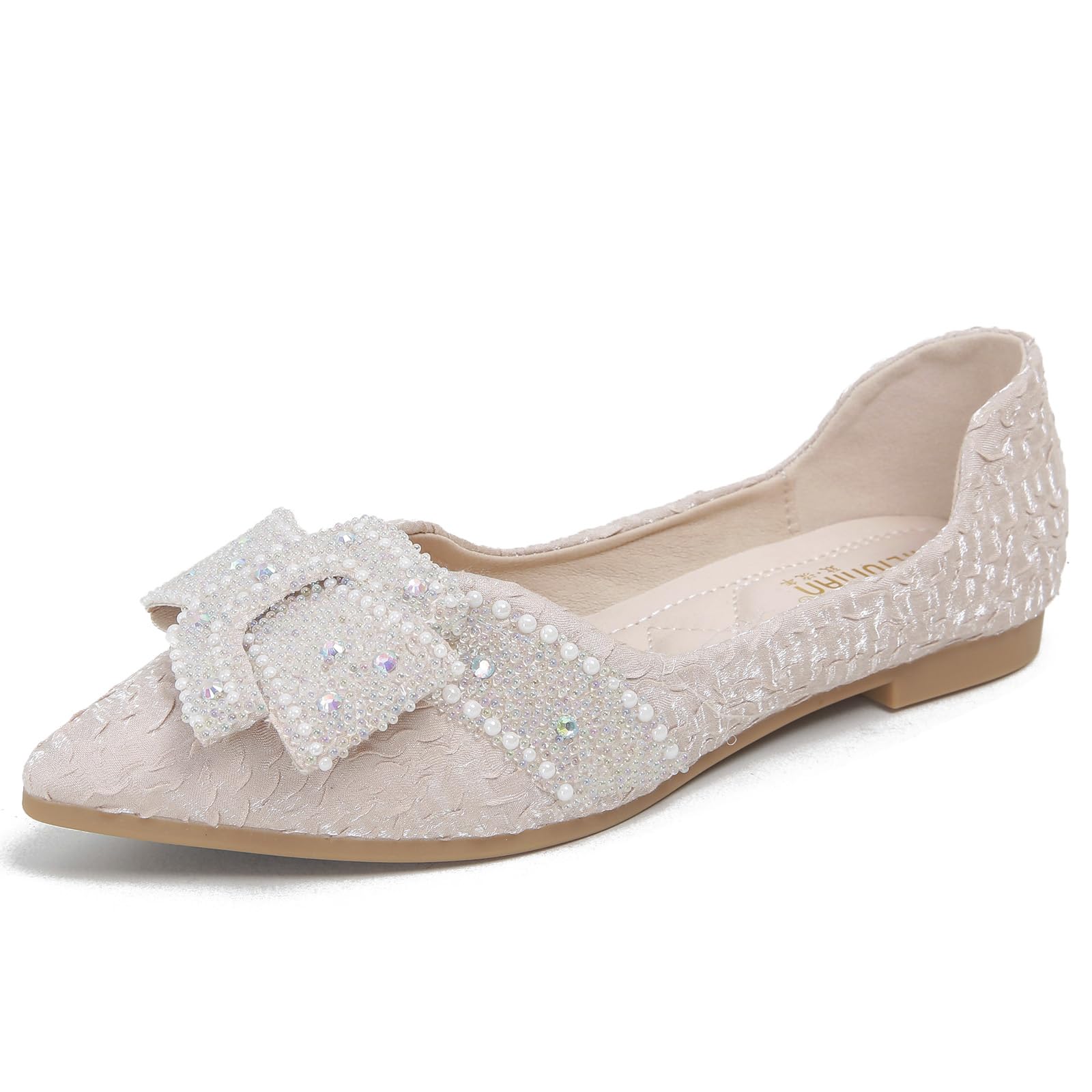 Hxlber Flats Shoes Women Pointed Toe Bow-Knot Rhinestone Wedding Shoes Comfortable Dress Shoes for Women Slip on Flat Shoes