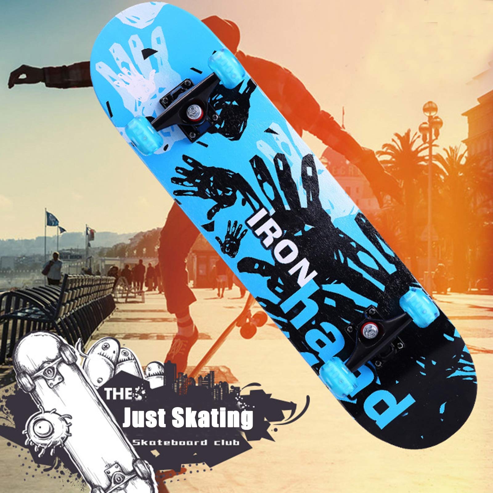 Monopatín Estándar de 31 "x 8" Skateboard Completo con Ruedas LED Intermitentes, 7 Capas de Arce Monopatín de Cubierta Cóncava de Doble Patada para Niños,Niñas,Niños,Adolescentes y Adultos