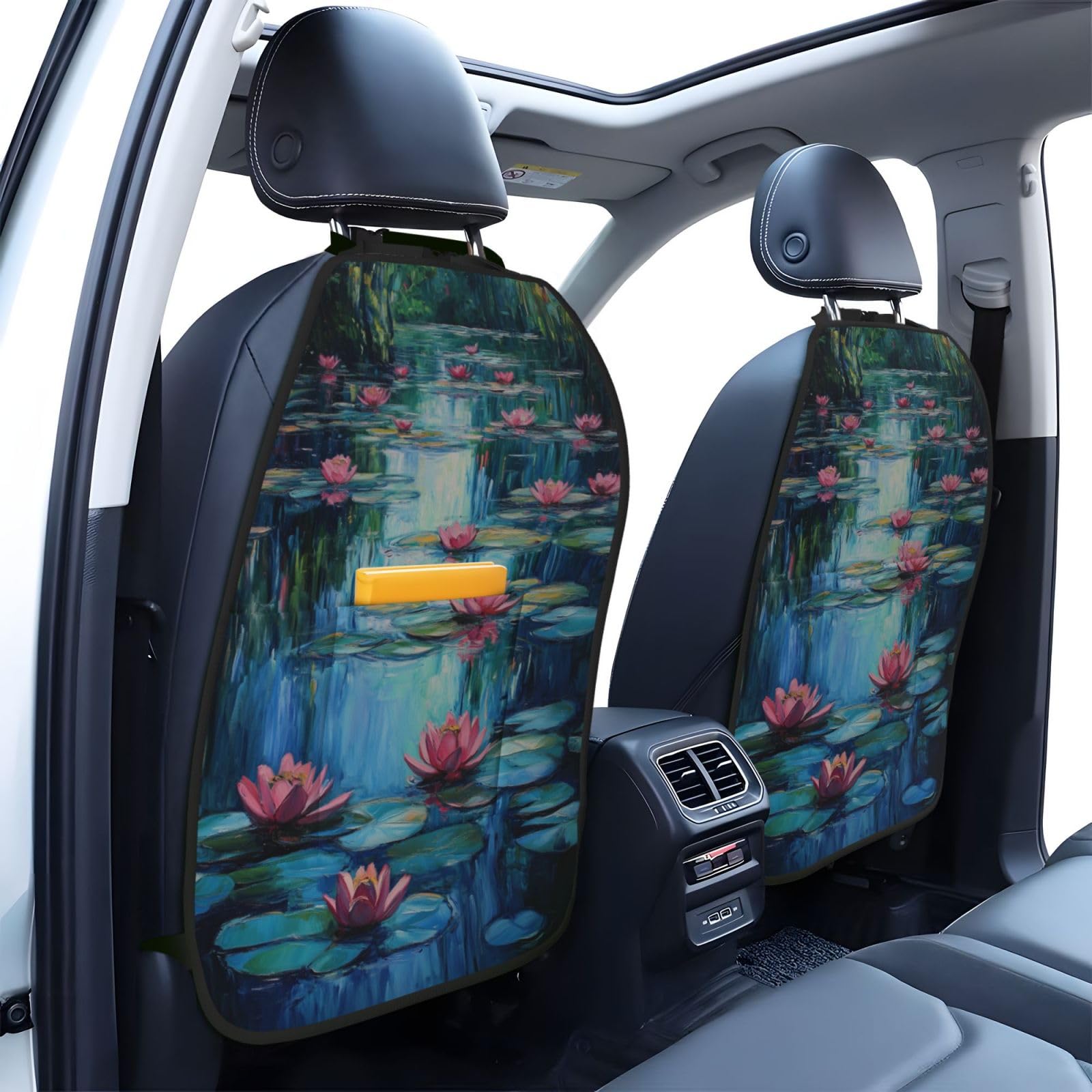 Water Lilies Flower Car Seat Back Kick Protectors,2 Pack Kick Mats With Storage Pockets For Vehicles To Protect From Dirt Mud Scratches