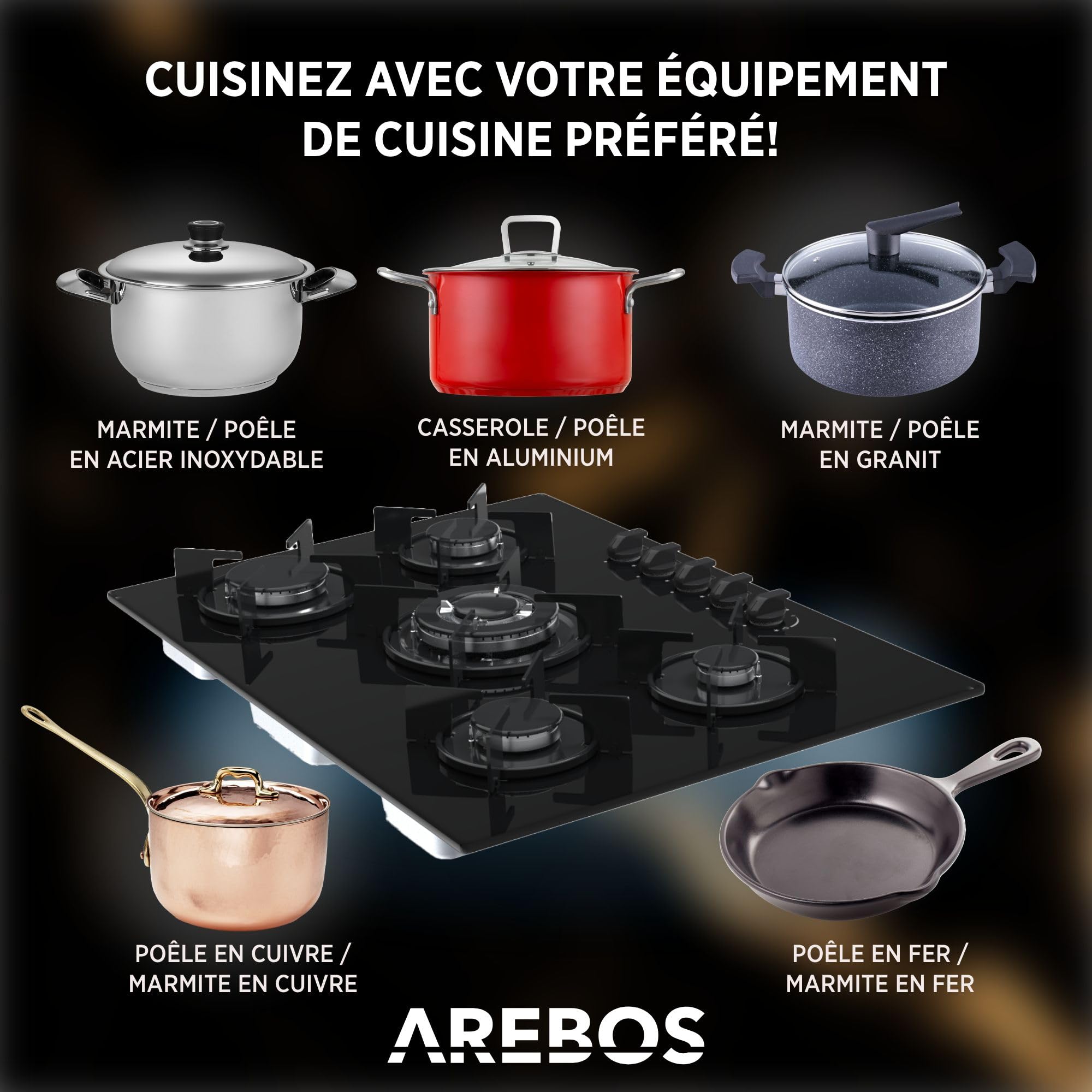 Arebos Plaque de cuisson à gaz 70 cm 5 brûleurs | Verre trempé | Encastrable avec supports en fonte | Compatible gaz naturel et propane | Sécurité d’allumage intégrée