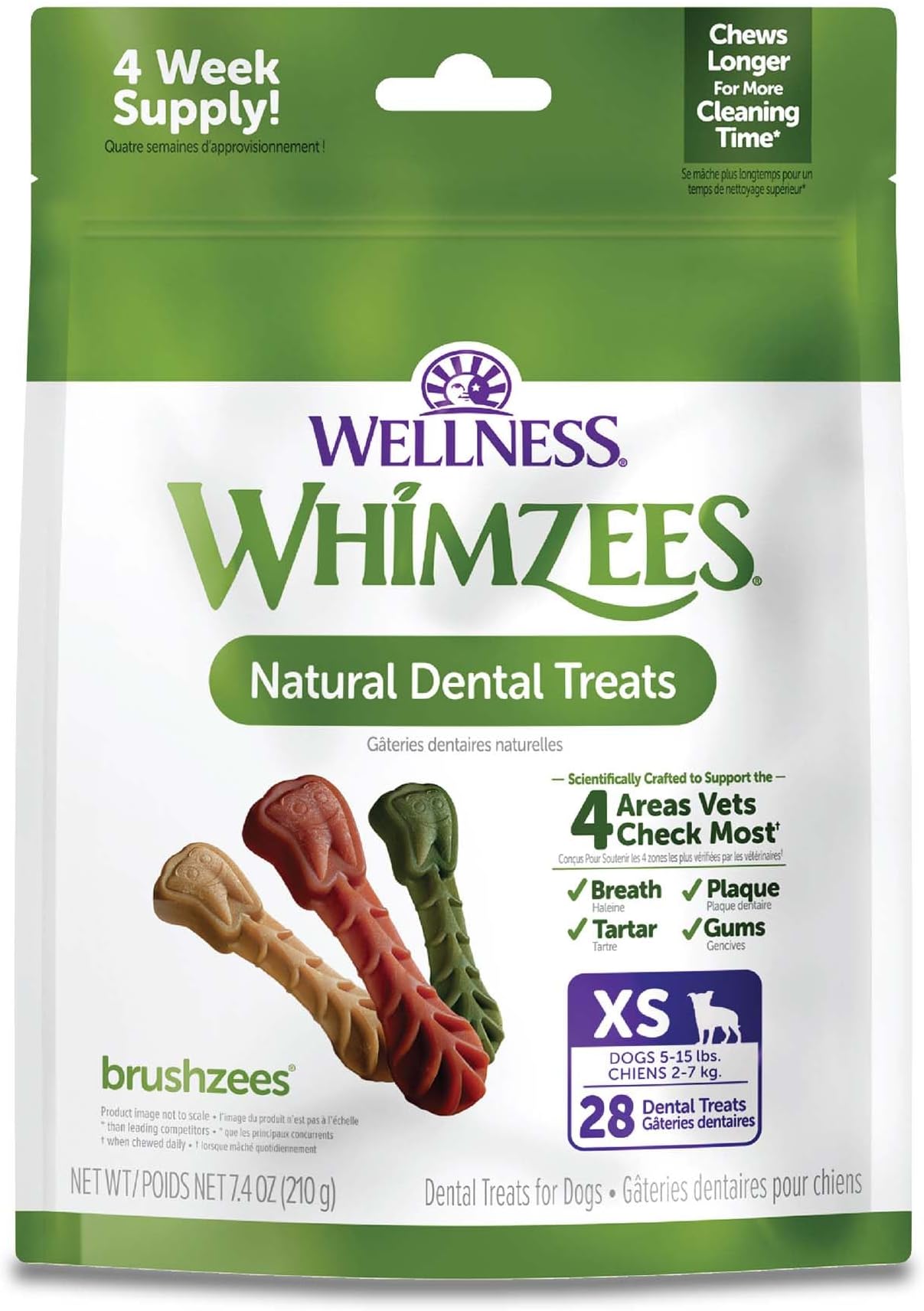Wellness Daily Brushzees Dog Dental Treats, Natural Chews, Extra Small Size Stick, (28 Count)