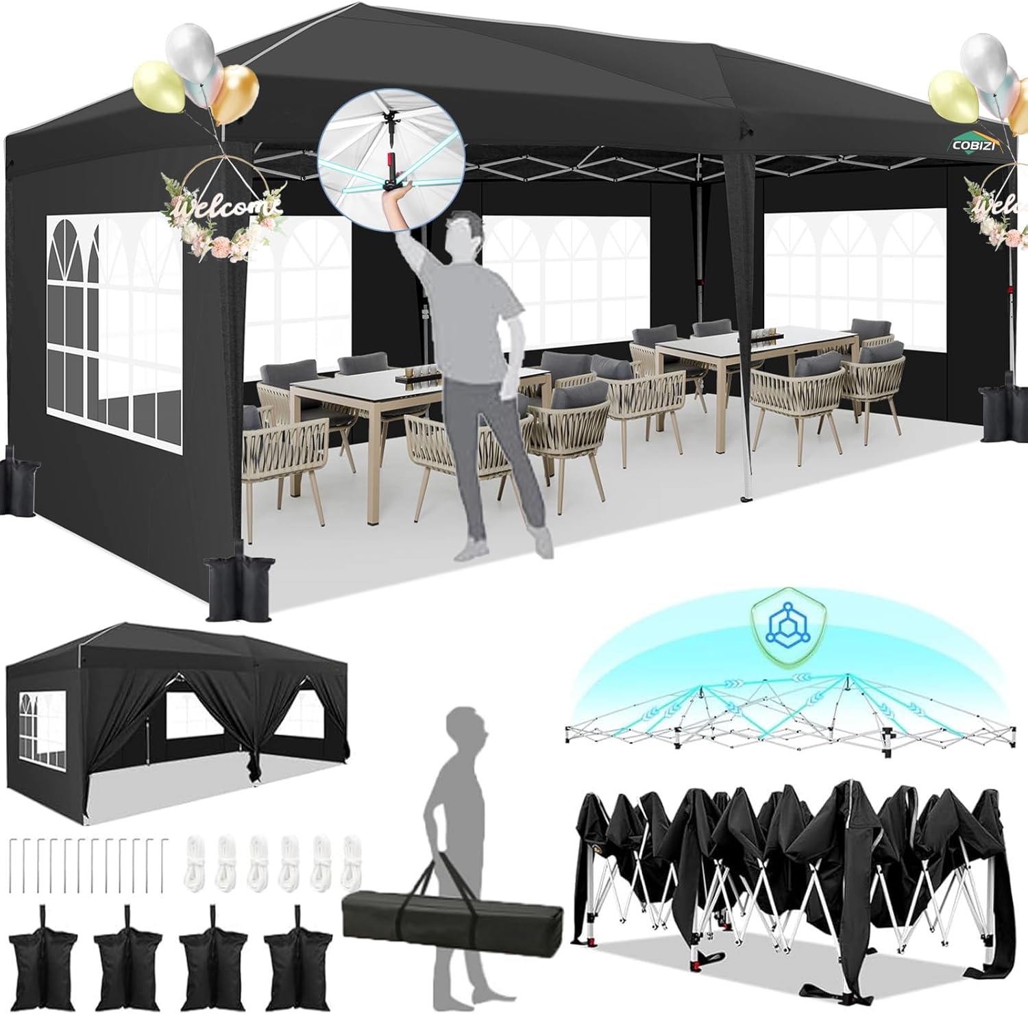 HOTEEL 10x20 Pop Up Canopy with 6 Sidewalls,One-Push Setup Canopy Tent with 8 Windbreak Poles,Waterproof Shade 10x20,Outdoor Canopies for Parties,Weddings,Camping,Patios (Black) Black 10×20FT(with Sidewalls)