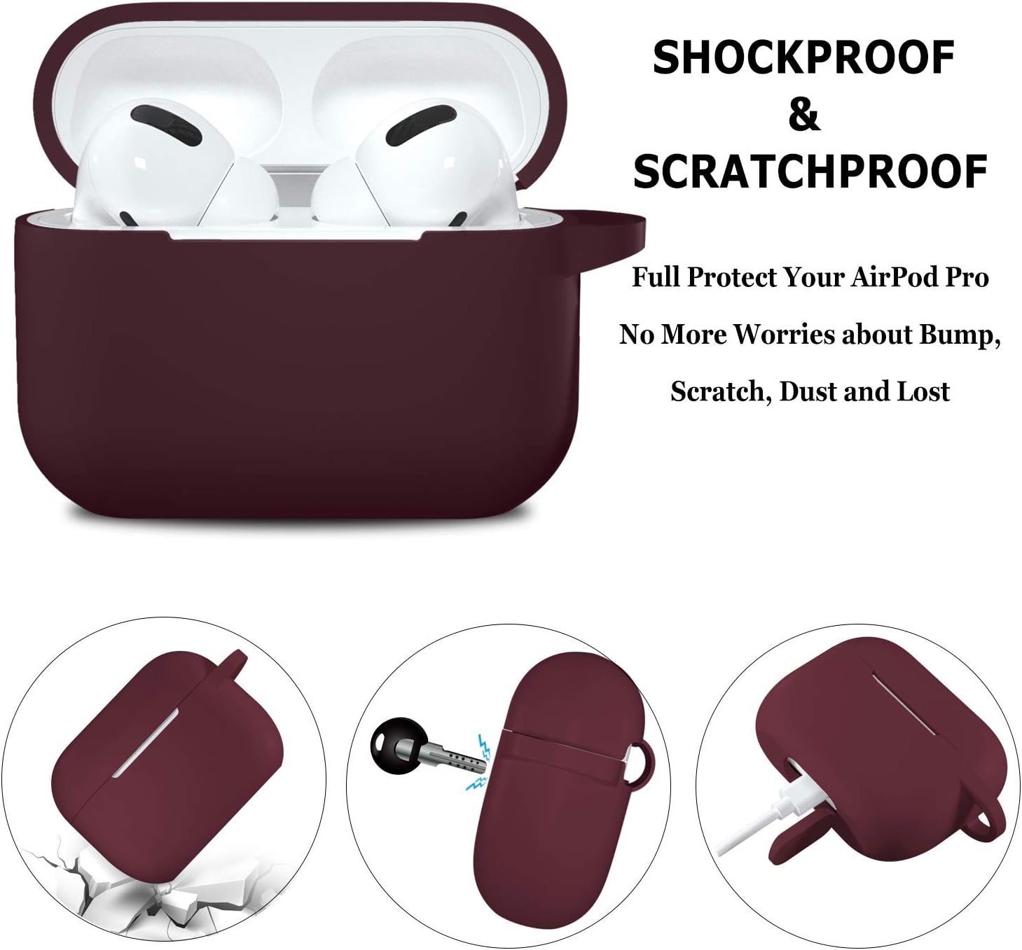 Witzon Compatible for AirPods Pro Case Silicone Cover with Cute Fur Ball Keychain Accessories [Front LED Visible] Replacement Protective Cases for Apple AirPod Pro Women Girls, Wine Red/Plum