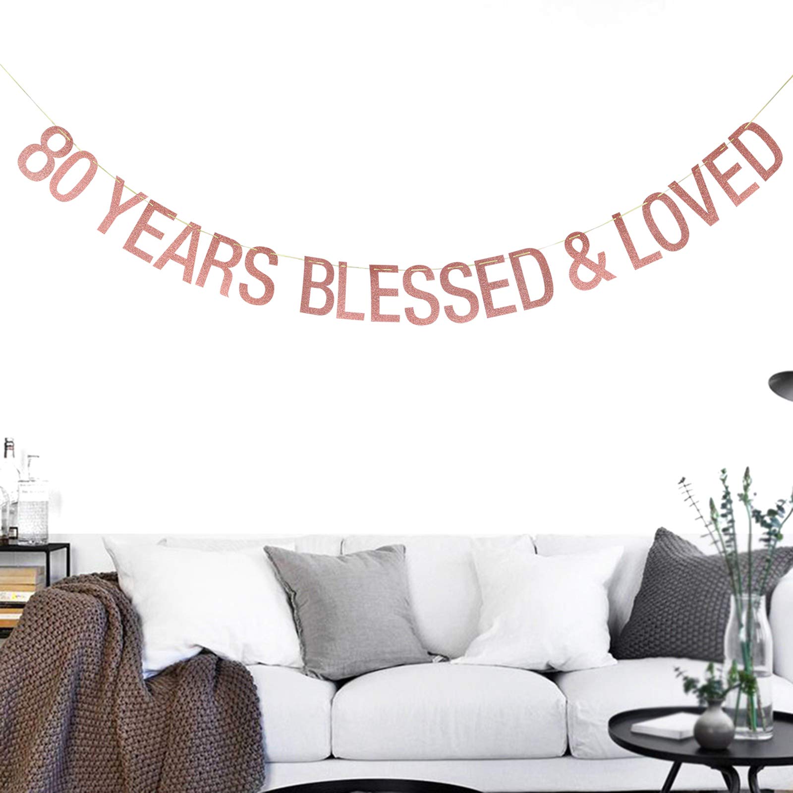 Pancarta de 80 años bendecidos y amados – para 80 aniversario/80 cumpleaños pancarta, 80 aniversario / 80 cumpleaños decoraciones (oro rosa)