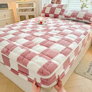 Funda de colchón de terciopelo de lujo tamaño King y Queen, almohadilla protectora suave y cómoda con banda elástica, cálida envoltura completa para invierno, lavable, color rosa oscuro, incluye 2