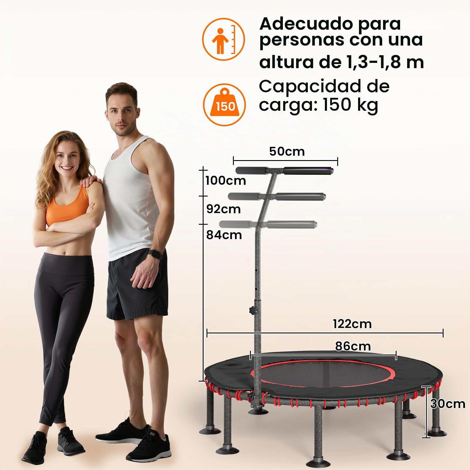 LIFERUN Trampolín de Fitness para Interior | Cubierta Protectora Acolchada | hasta 150 kg de Capacidad Carga | 3 Alturas Asa Ajustables | Sin Instalación | Niños Adultos | Ø102 cm/Ø122 cm | Hogar