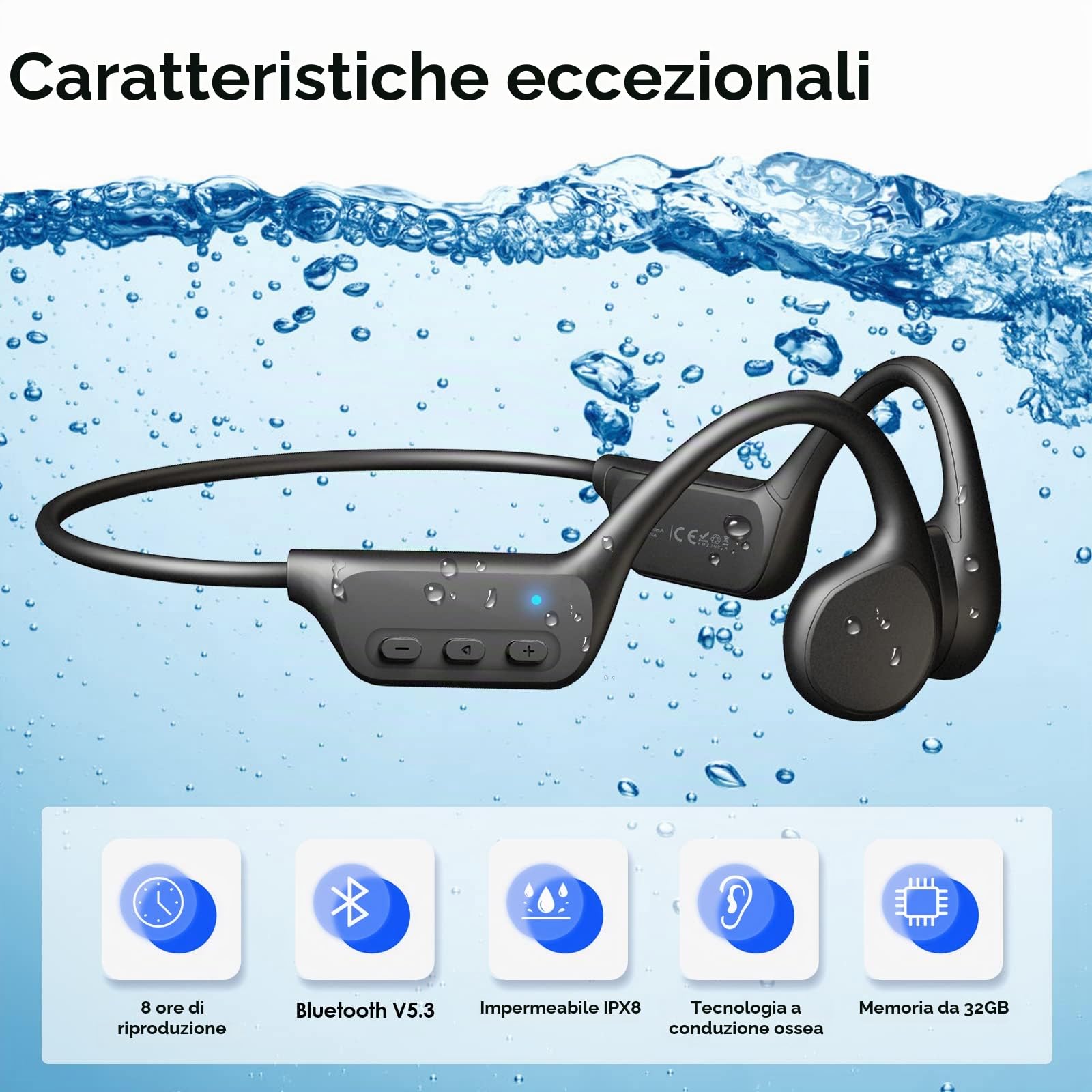 Cuffie a Conduzione Ossea Auricolari Nuoto, Impermeabile IPX8, Lettore MP3 32GB, Bluetooth 5.3, Auricolari Sportivi Senza Fili Aperti, Microfono Integrato