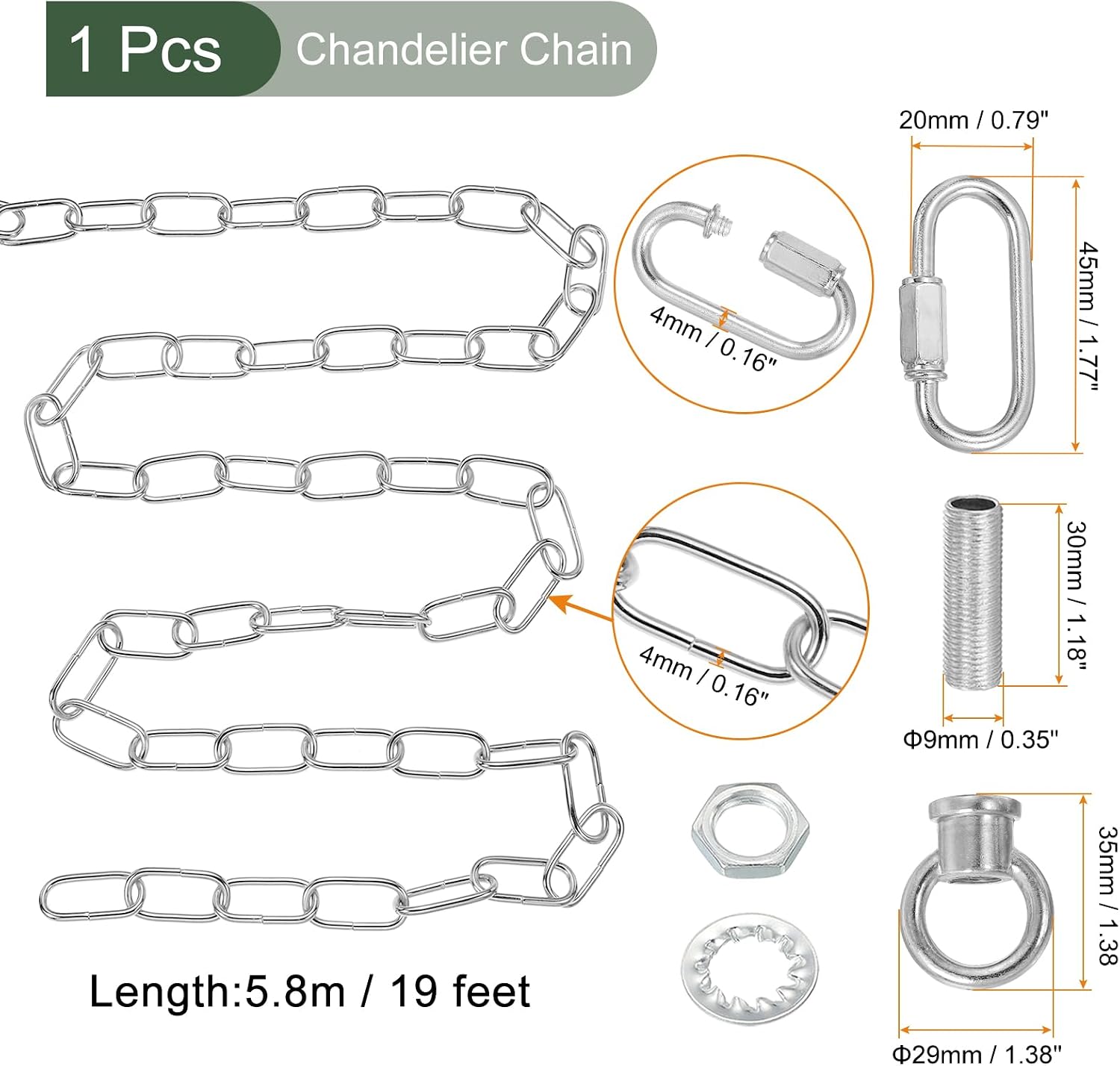 YOKIVE 1Set Lighting Chain Link, 19 Feet Metal Chandelier Chain Fixture Extension 65Lb Maximum Weight with Lock Great for Pendant Hanging Swag Light, Silver