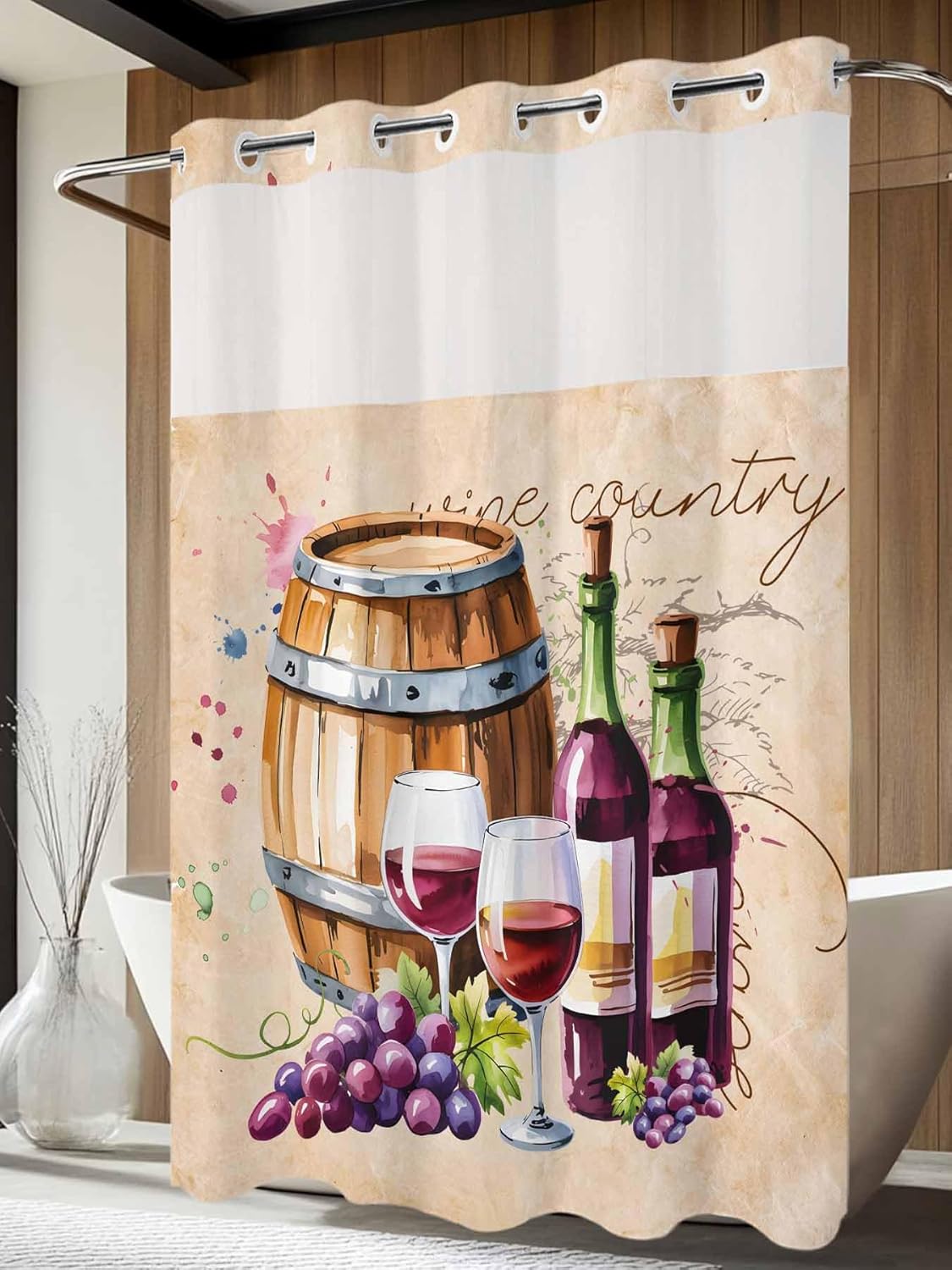 Prime Leader Wine Cask No Hook Shower Curtain with Snap in Liner Grape Wine Country Vintage Watercolor Shower Curtain for Bathroom, Fabric Waterproof Inner Liner with Mesh Top Window, 60x72