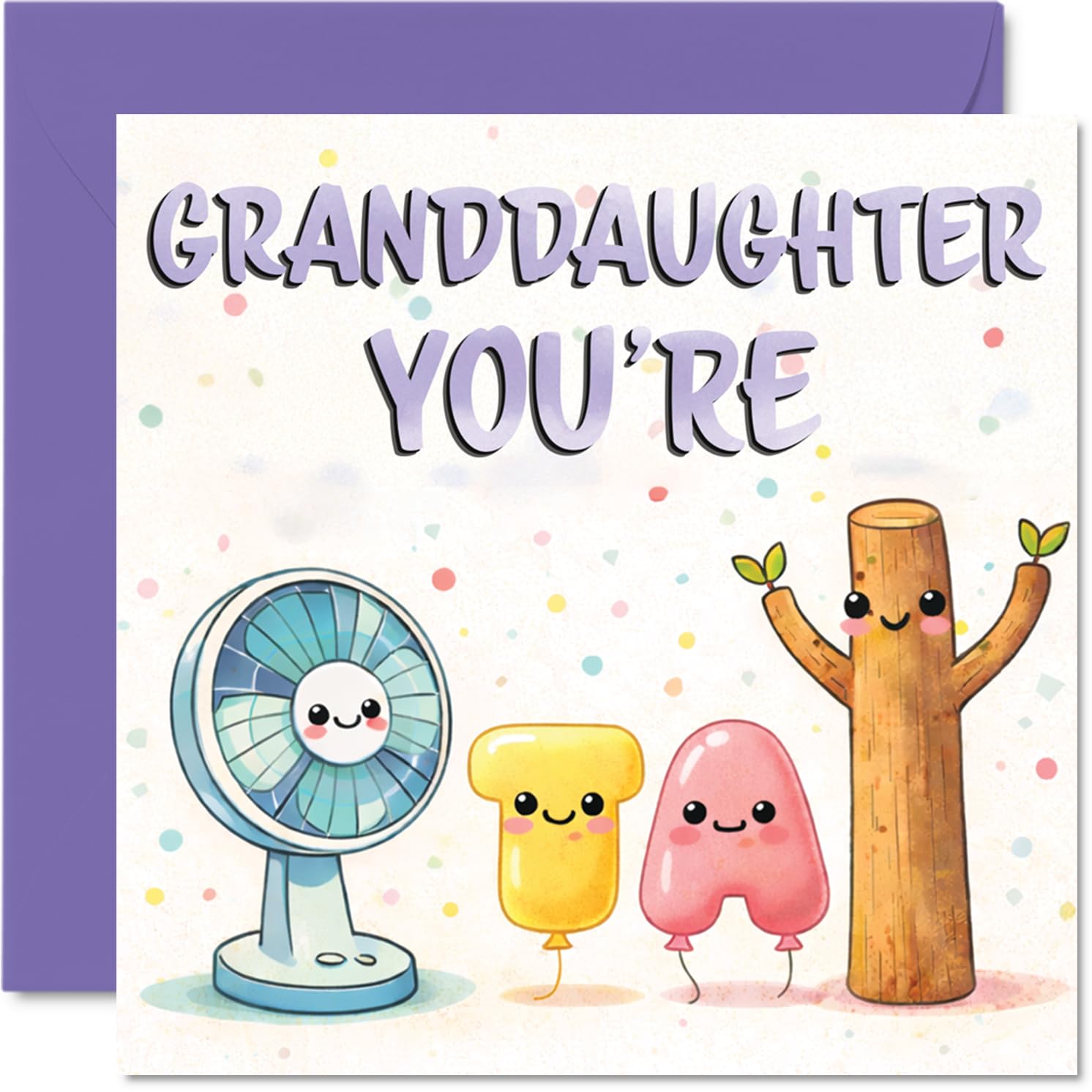 Cute Birthday Card for Granddaughter - Bursting with Birthday Cheer - Adorable Cartoon Fan, Stick and Shapes in Pastel Purple - 145mm Square, Envelope Included