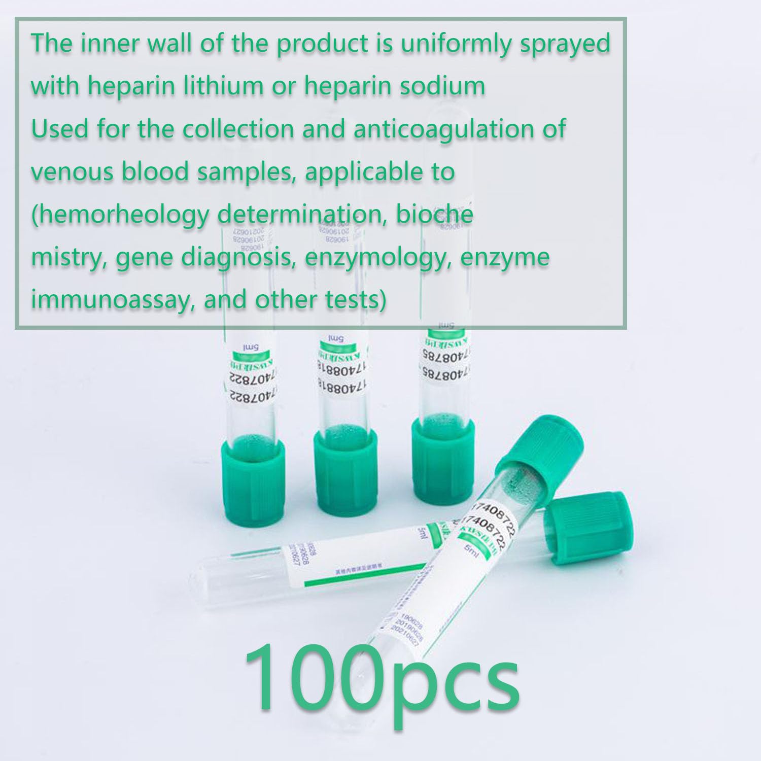 100 tubos vacutainer de vidrio/PET con heparina sódico/litio para tubos de ensayo de laboratorio, animales de mascotas, veterinarios, 5 ml, 10 ml, 15 ml