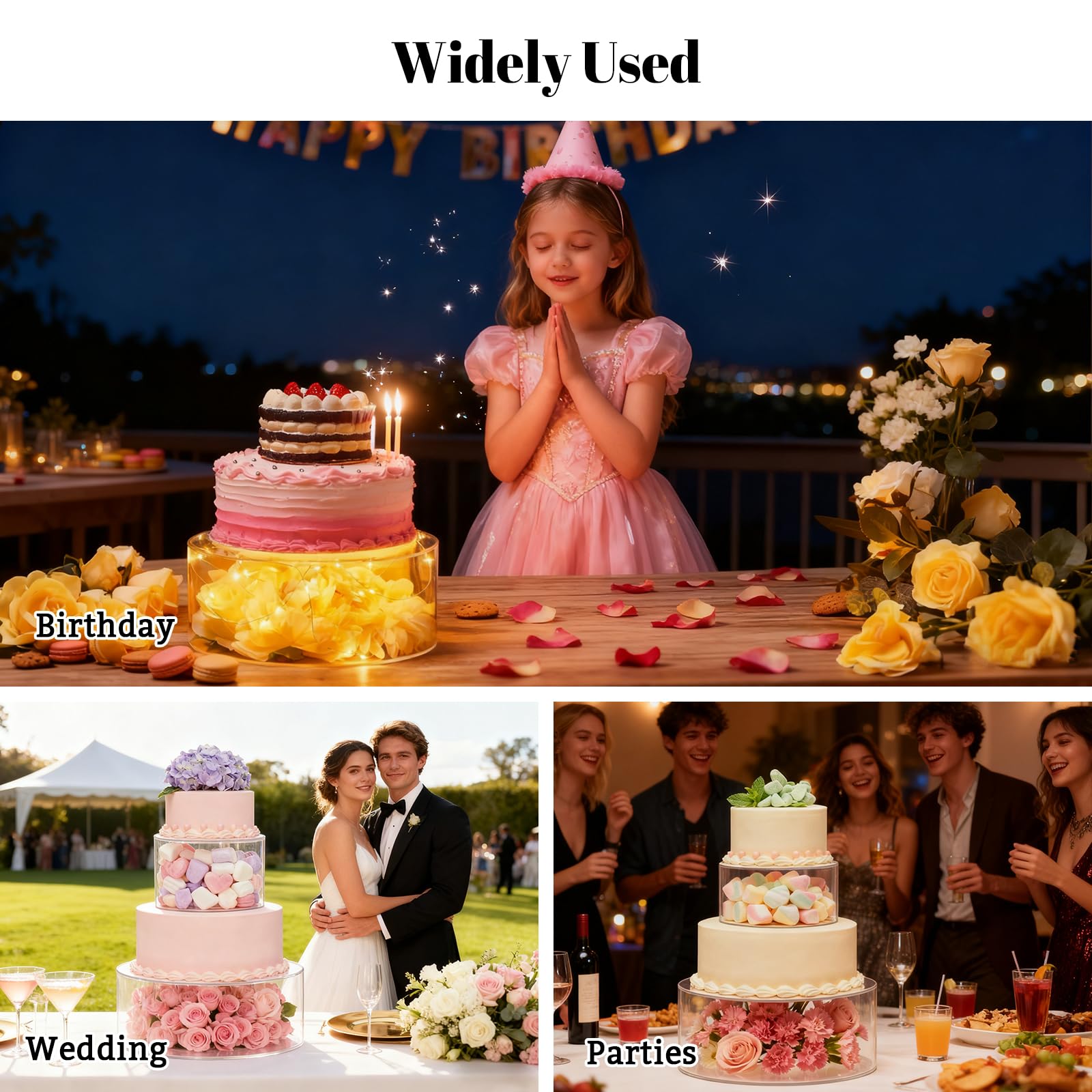 3 Pezzi Alzata per Dolci, Vassoio per Torte Rotondo Trasparente Riempibile con 3 Strisce Luminose a LED per Matrimoni, Compleanni e Feste