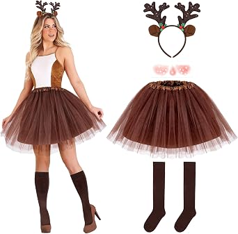 Hifot 5 Pcs Reindeer Costume Adult Tutu Skirt with Reindeer Headband Temporary Tattoos Socks Deer Cosplay Costume Halloween Christmas Fancy Dress Outfits for Women Girls Brown