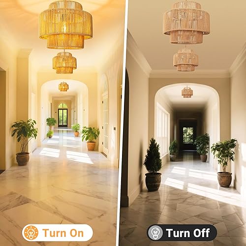 Miniatura 3 de Lámpara colgante de techo de ratán con cable de enchufe para sala de estar, dormitorio, cocina, interior, lámpara colgante enchufable con pantalla