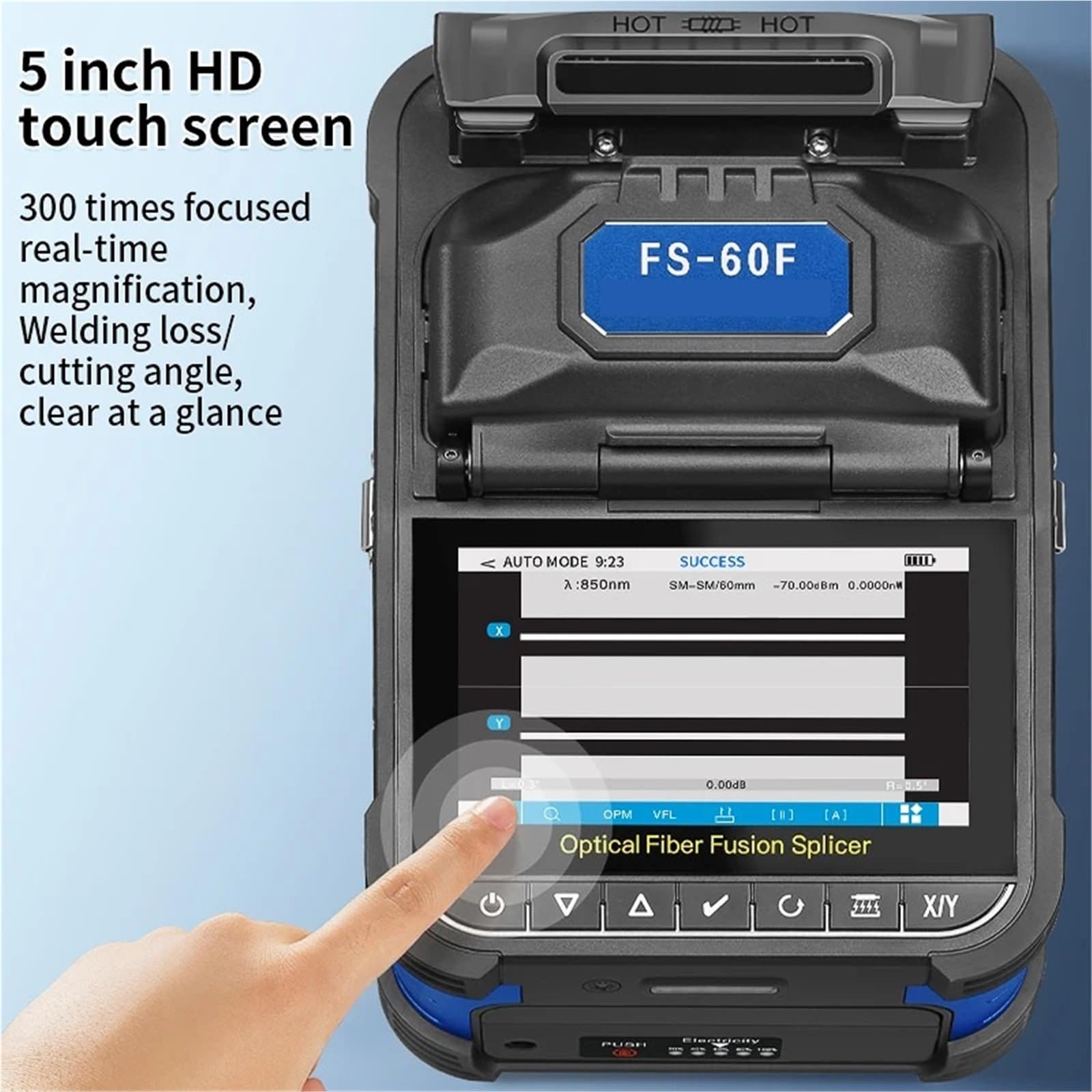 Empalmador de fusión de fibra óptica FS-60F, 6 motores, pantalla táctil multilingüe, máquina de fusión de fibra óptica FTTH, VFL OPM incorporado