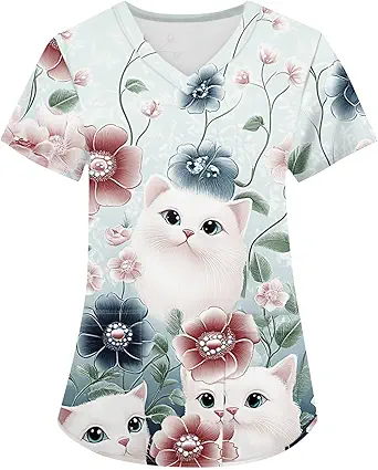 OIOLOYJM Printed Scrub Tops Women V Neck Short Sleeve Plus Size Scrubs for Womens Nursing Uniforms Shirts with Pockets