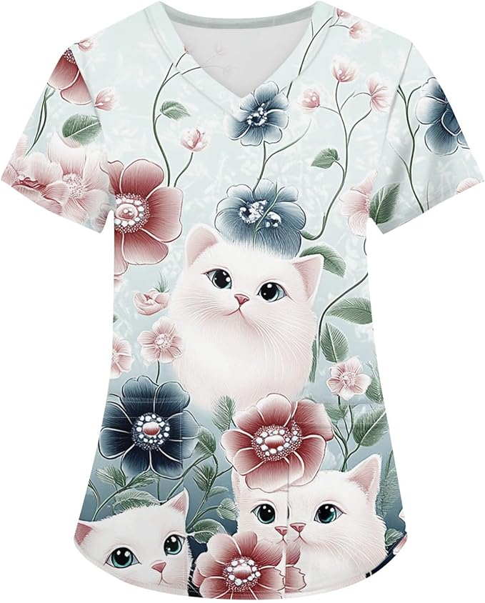 OIOLOYJM Printed Scrub Tops Women V Neck Short Sleeve Plus Size Scrubs for Womens Nursing Uniforms Shirts with Pockets