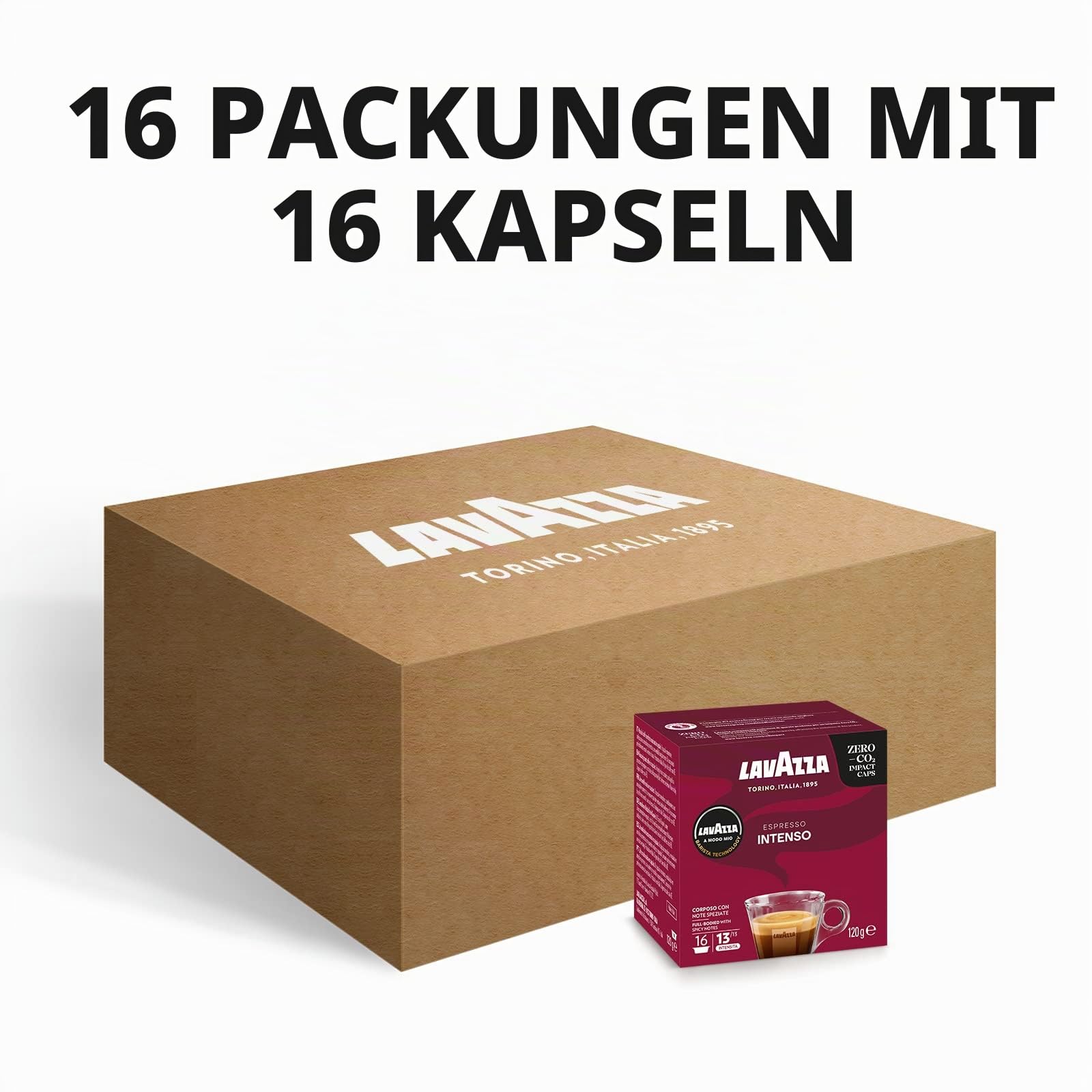Lavazza A Modo Mio Espresso Intenso, 256 Kaffeekapseln, für einen Espresso mit aromatischen Noten von Kakao und Gewürzen, Arabica und Robusta, Intensität 13/13, mittlere Röstung, 16 Packungen mit je