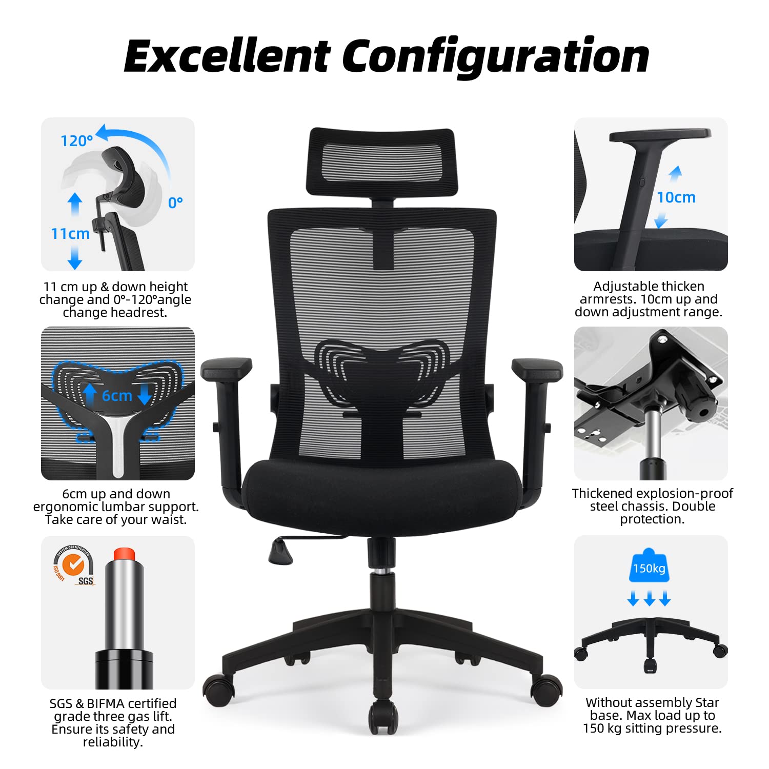 Daccormax Sedia da Ufficio ergonomica, con poggiatesta regolabile, Sedia con braccioli e supporto lombare,Funzione di Inclinazione fino a 125°, Max Portata di 150 kg