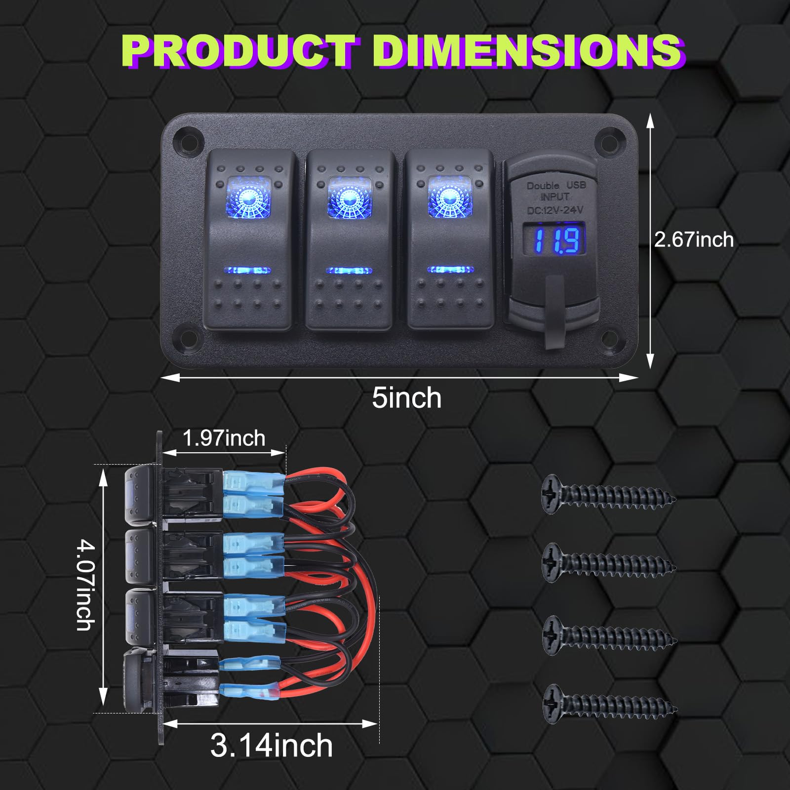 Geloo 3 Gang Panneau de Commutateur à Bascule étanche 12V/24V Marine Interrupteur avec 4,8A Dual-USB LED Voltmètre Interrupteur à Bascule pour Voiture Bateau Camion Camping-car