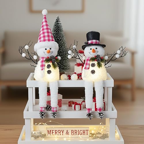 Miniatura 5 de Paquete de 2 decoraciones de mesa de Navidad, muñecos de nieve de felpa iluminados de 18 pulgadas con ramitas de cono de pino, regalo de vacaciones