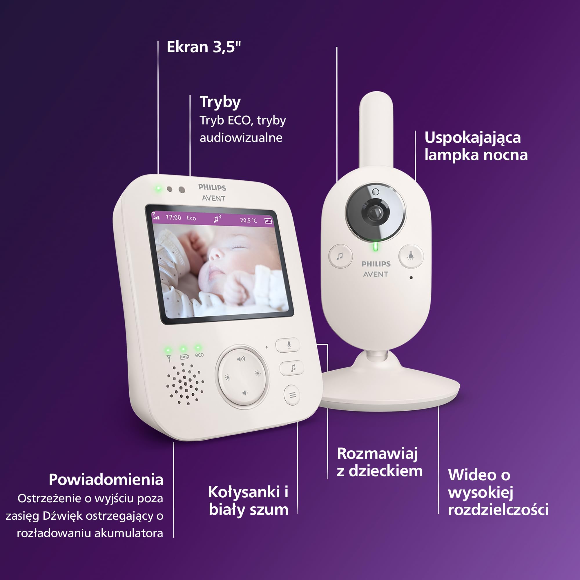 Niania Video Philips Avent Premium z obrazem i dźwiękiem, Certyfikat DEKRA, biała, wyświetlacz 3,5″, 4x powiększenie, tryb noktowizyjny, 2-kierunkowy dźwięk, kołysanki, temperatura, SCD891/26