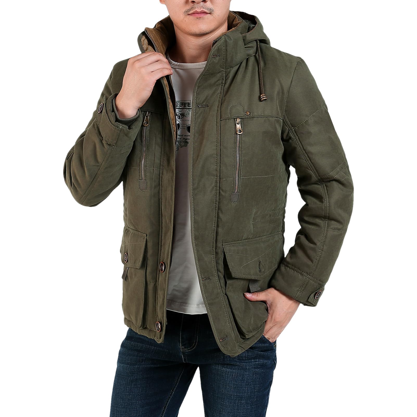 ANUFER Herren Thermo-Baumwoll-Wattierte Parka-Jacke mit Kapuze
