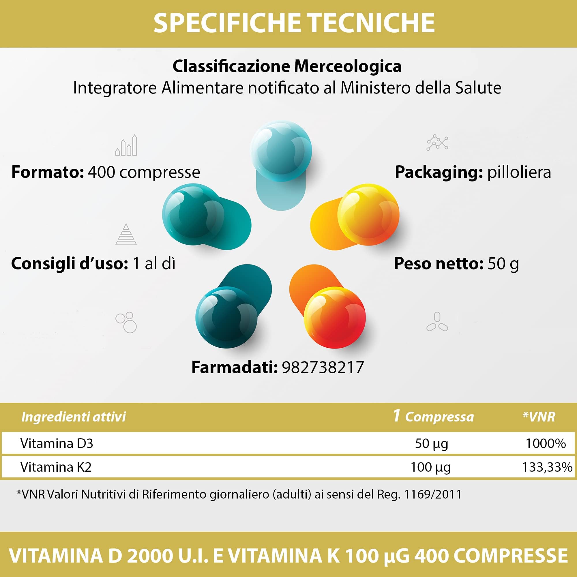 Vitamine DK 4000 Compresse 1 al giorno | D3 2000 U.I. da Lichene K2 100 µg da Natto| Non di origine animale | Sistema Immunitario Ossa e Denti LA BOTTEGA DEGLI INTEGRATORI