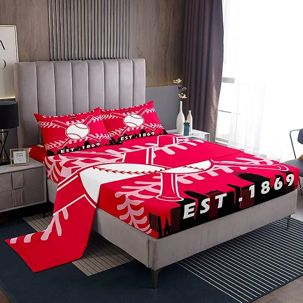 Erosebridal Sports Bed Sheets Set for Kids Boys Girls,Teen Boy Baseball Sheet Set Queen,Softball Sheets,Ball Game Flat Fitted Sheet with 2 Pillowcases Bedroom Decor(Cincinnati)