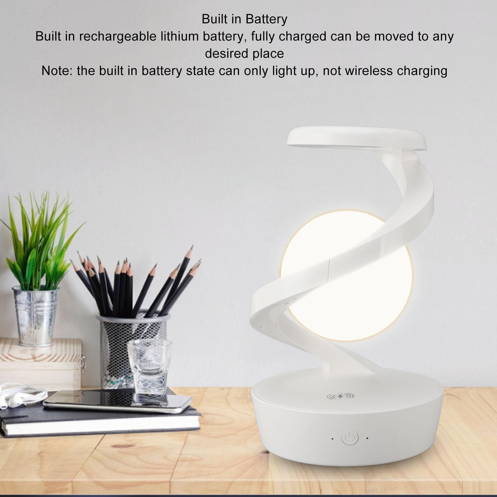 Lampada da comodino moderna a spirale Lampada da tavolo a LED con ricarica wireless innovativa a levitazione visiva 3D per camera da letto, soggiorno, ufficio
