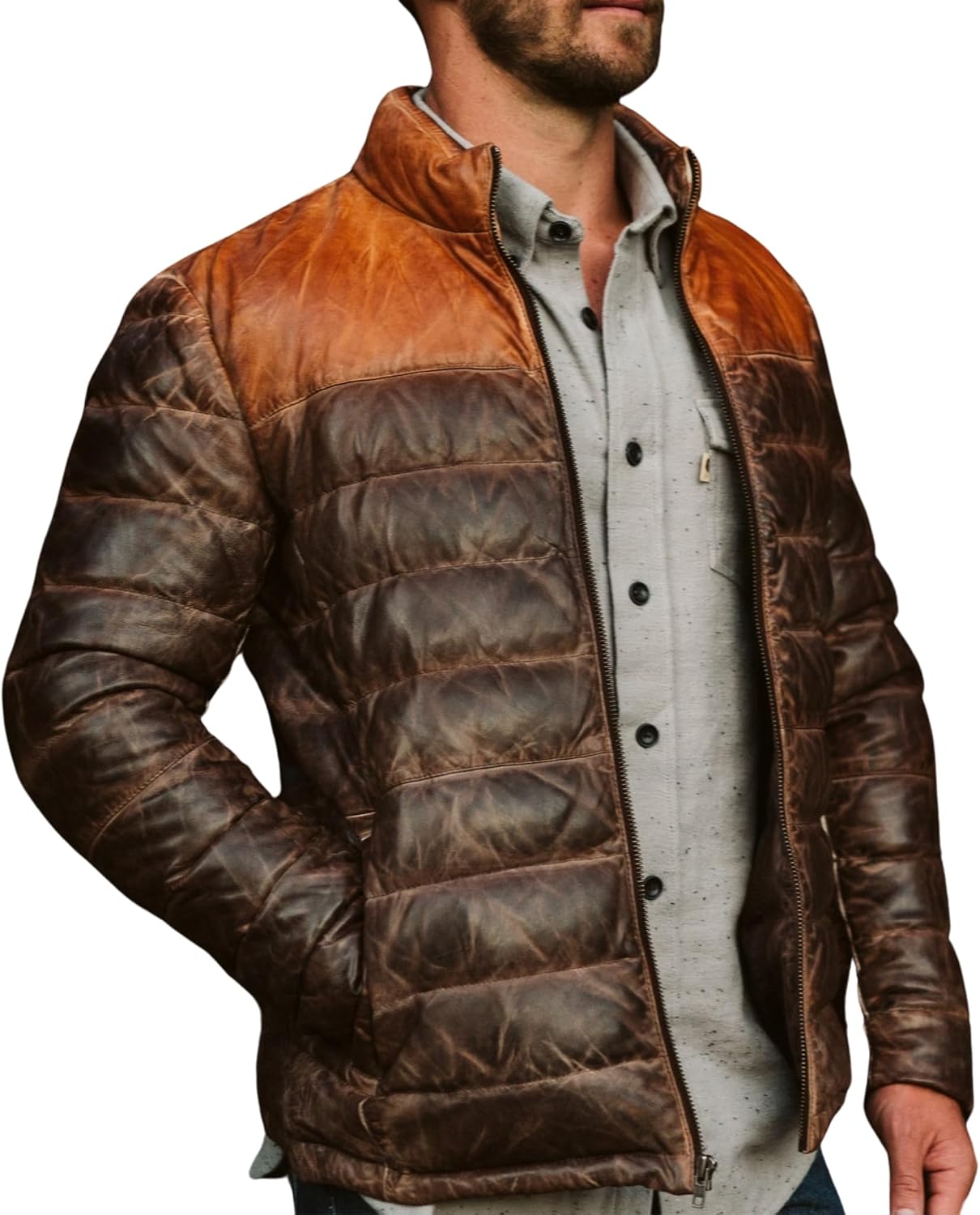 Mens Lambskin Leather Down Jacket Tan Brown Quilted Puffer Outdoor Coat with Down Insulation S-3XL
