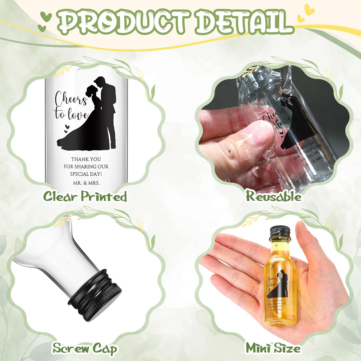 Hushee 50 Sets Wedding Mini Liquor Bottles 1.7 oz Plastic Mini Alcohol Bottles with Funnels and Black Cap Wedding Party Favors for Guest Bridal Shower Supplies