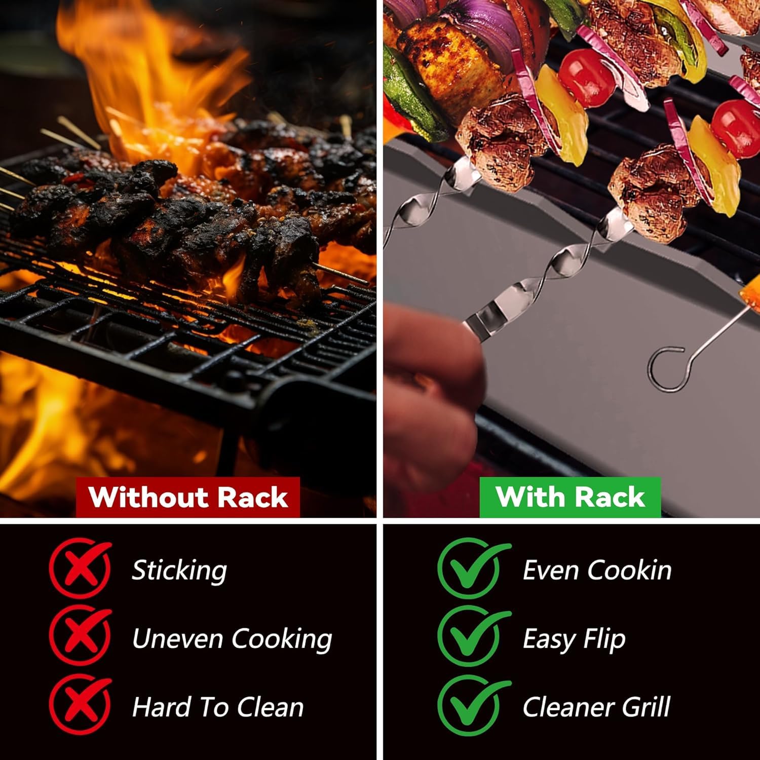 MEISO 4 Pezzi Griglia Spiedini Rack, Supporto per Spiedini in Acciaio Inox con 6 Scanalature, Accessori per Barbecue per Arrosticini, Barbecue, Grill a Gas, per Barbecue, Campeggio, Picnic
