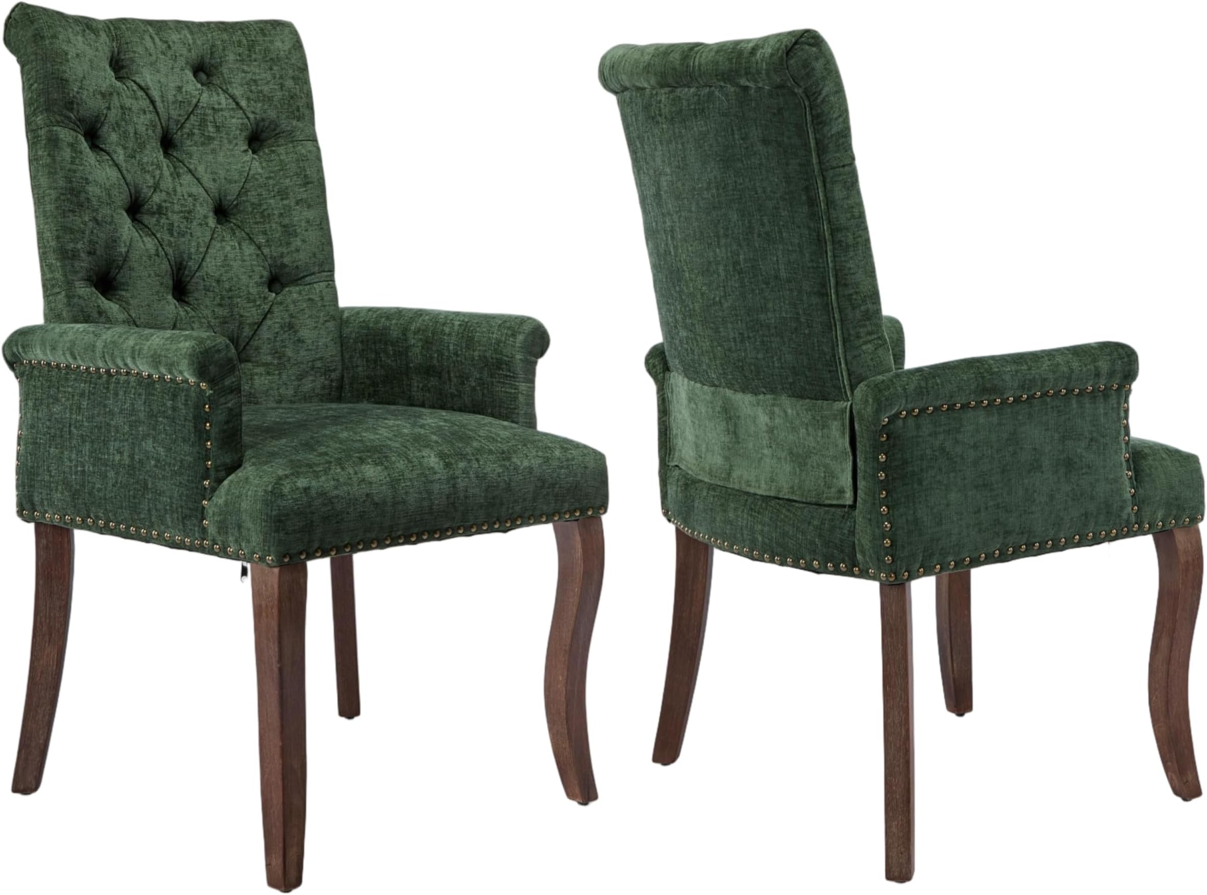 Upholstered Tufted Chenille Dining Chairs with Arms & Nailhead Trim – Solid Wood Frame & Legs, Modern Farmhouse for Dining, Kitchen & Living Room (Set of 2, Olive Green)