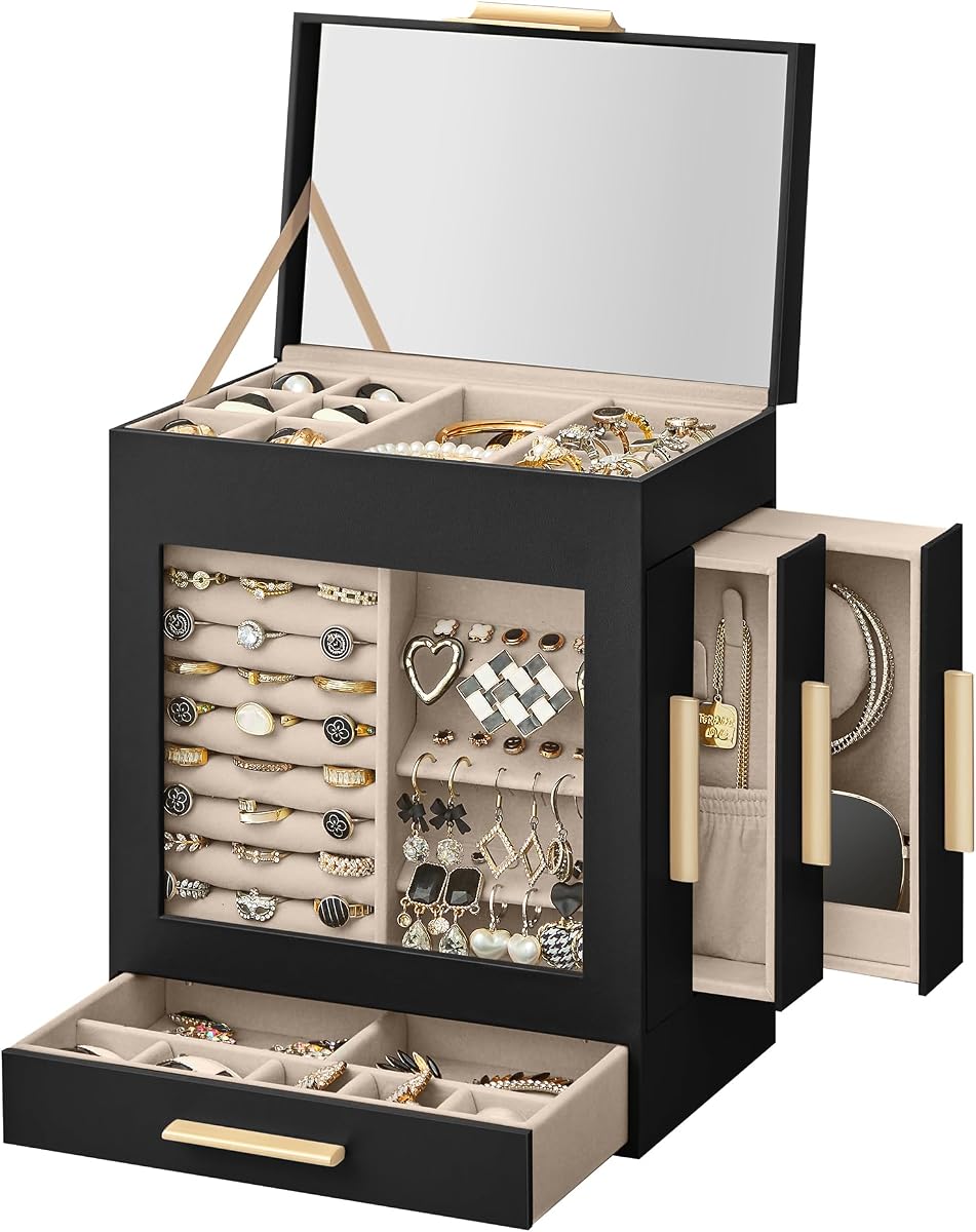 SONGMICS 5-Layer Jewelry Box with Glass Window, 3 Side Drawers | Jewelry Organizer with Big Mirror, 5.1 x 7.9 x 9.7 Inches, Ink Black and Tan, GISELLA Collection UJBC172B01