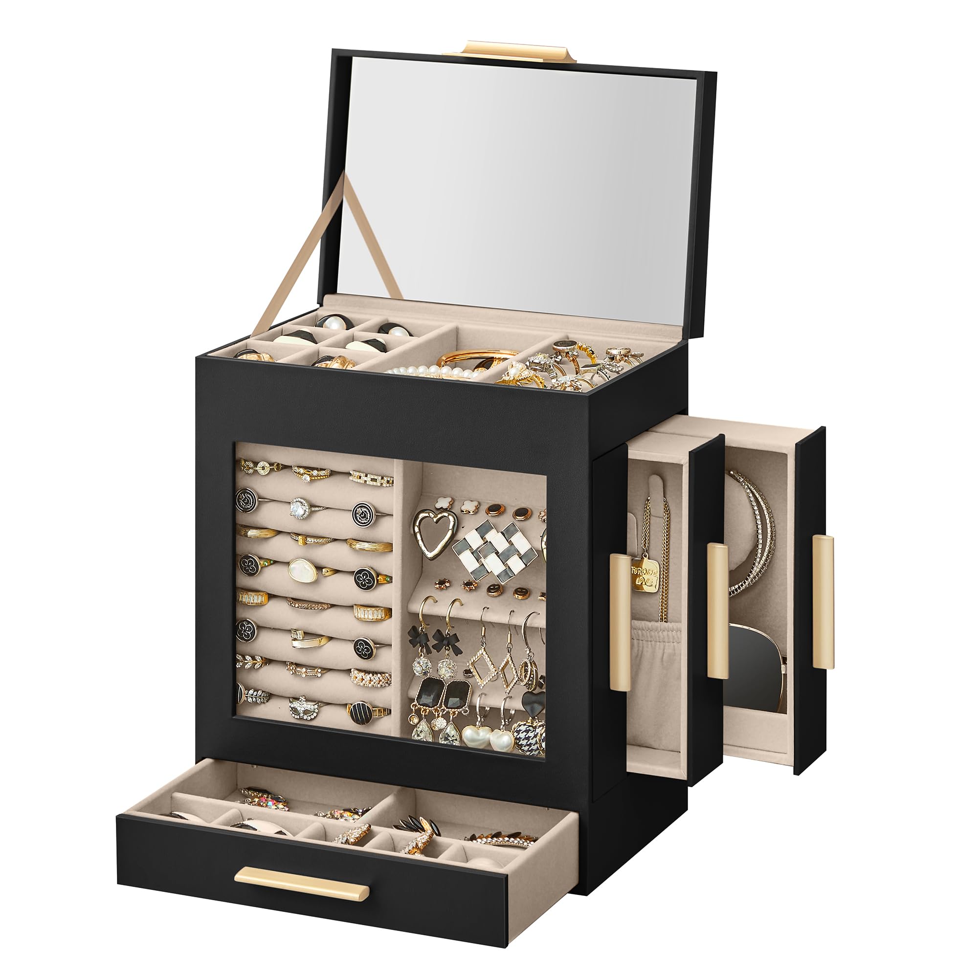 SONGMICS Jewelry Box with Glass Window, 5-Layer Jewelry Organizer with 3 Side Drawers, Jewelry Storage, with Big Mirror, Modern, 5.1 x 7.9 x 9.7 Inches, Ink Black and Metallic Gold UJBC172B0