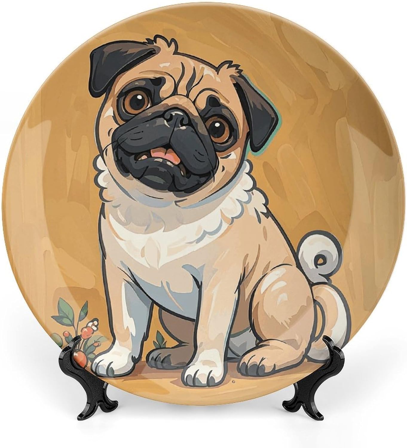 Funny Cartoon Pug Puppy Dogs Ceramic Plate 10inch Decorative Bone China Wall Hanging Ornament Plates Bohemian Style Dinner Plate with Display Stand Cabinet Display Plates for Home Art Decor