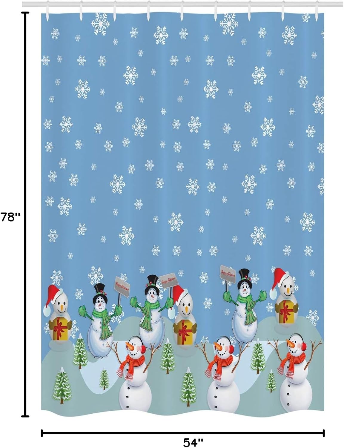 Ambesonne Christmas Stall Shower Curtain, Snowman Party Themed Cartoon Composition Winter Season Elements Trees Snowflakes, Fabric Bathroom Decor Set with Hooks, 54" W x 78" L, Seafoam Blue