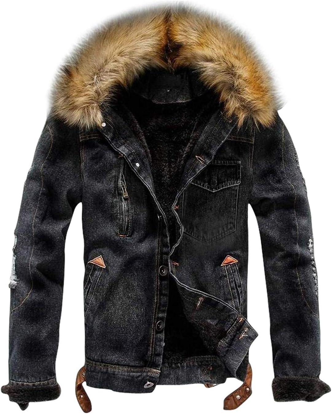 Omoone Men's Button Up Sherpa Fleece Lined Denim Jacket with Faux Fur Collar (Black, S)