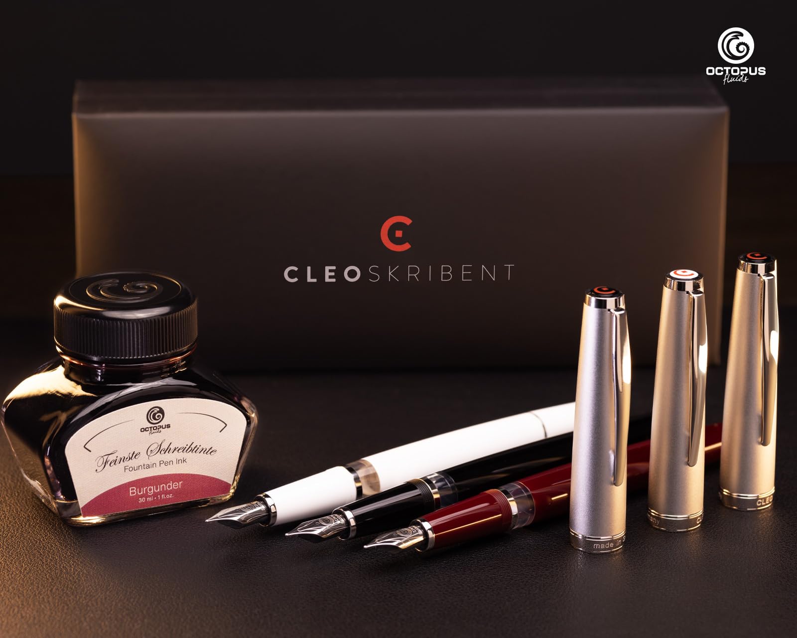 Octopus Cleo Skribent Classic zestaw piór wiecznych, tłokowych, stalówka M i tusz 30 ml burgundowy