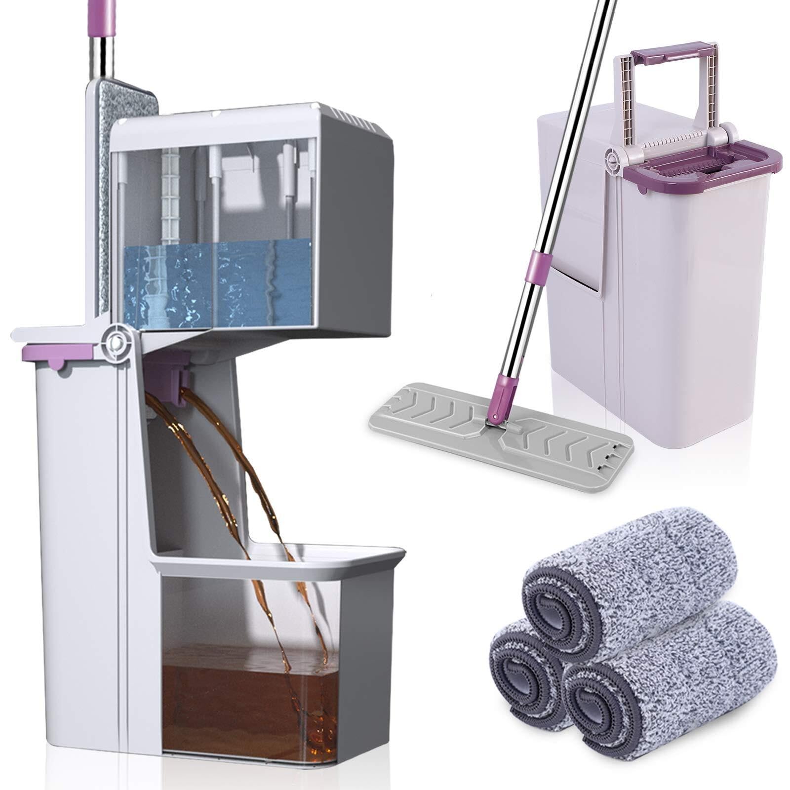 Cubo de fregona con escurridor, fregona plana manos libres y cubo que separa el agua sucia y limpia, 3 almohadillas de microfibra lavables y reutilizables