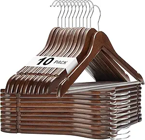 HOUSE DAY Walnut Wooden Hangers 10 Pack, Solid Wood Hanger with Non Slip Pant Bar, Heavy Duty Wooden Coat Hanger for Closet, Smooth Finish Wood Clothes Hangers for Shirts, Suits, Jackets, Dress