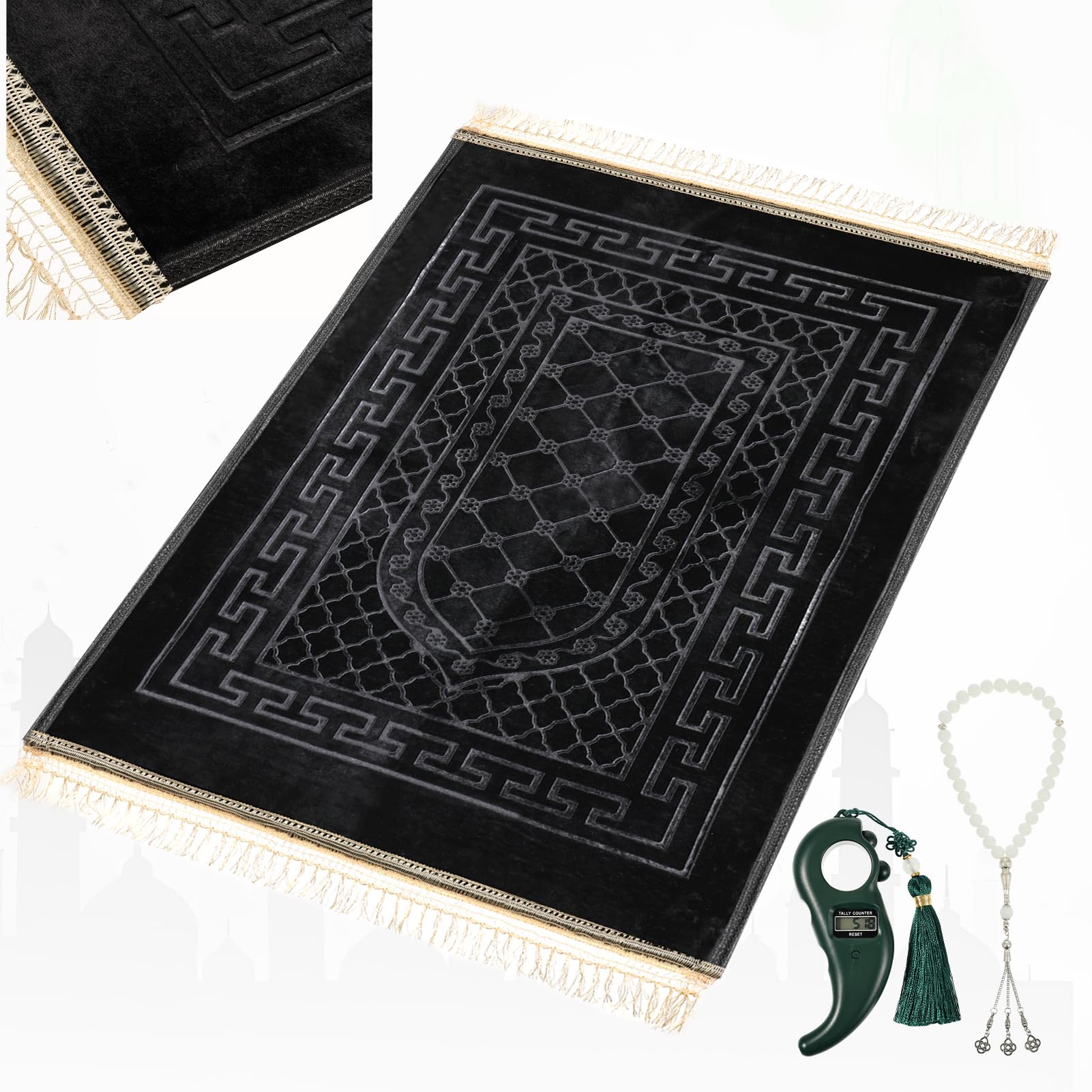 FUMMI Soft Padded Muslim Prayer Rug with Tasbih Beads, Thick Non-Slip Islamic Prayer Mat, Luxurious Janamaz for Men & Women (Black)