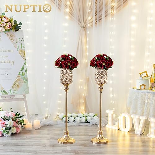 Miniatura 7 de NUPTIO Jarrones de boda centros de mesa para mesas, 10 piezas de 32.9 pulgadas de alto, jarrón dorado para flores, soporte de flores de cristal,