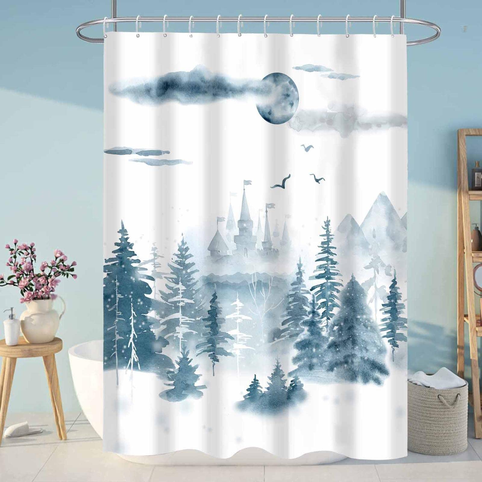 Rideau de douche polyester forêt lune imperméable 120x150 avec crochets de fixation