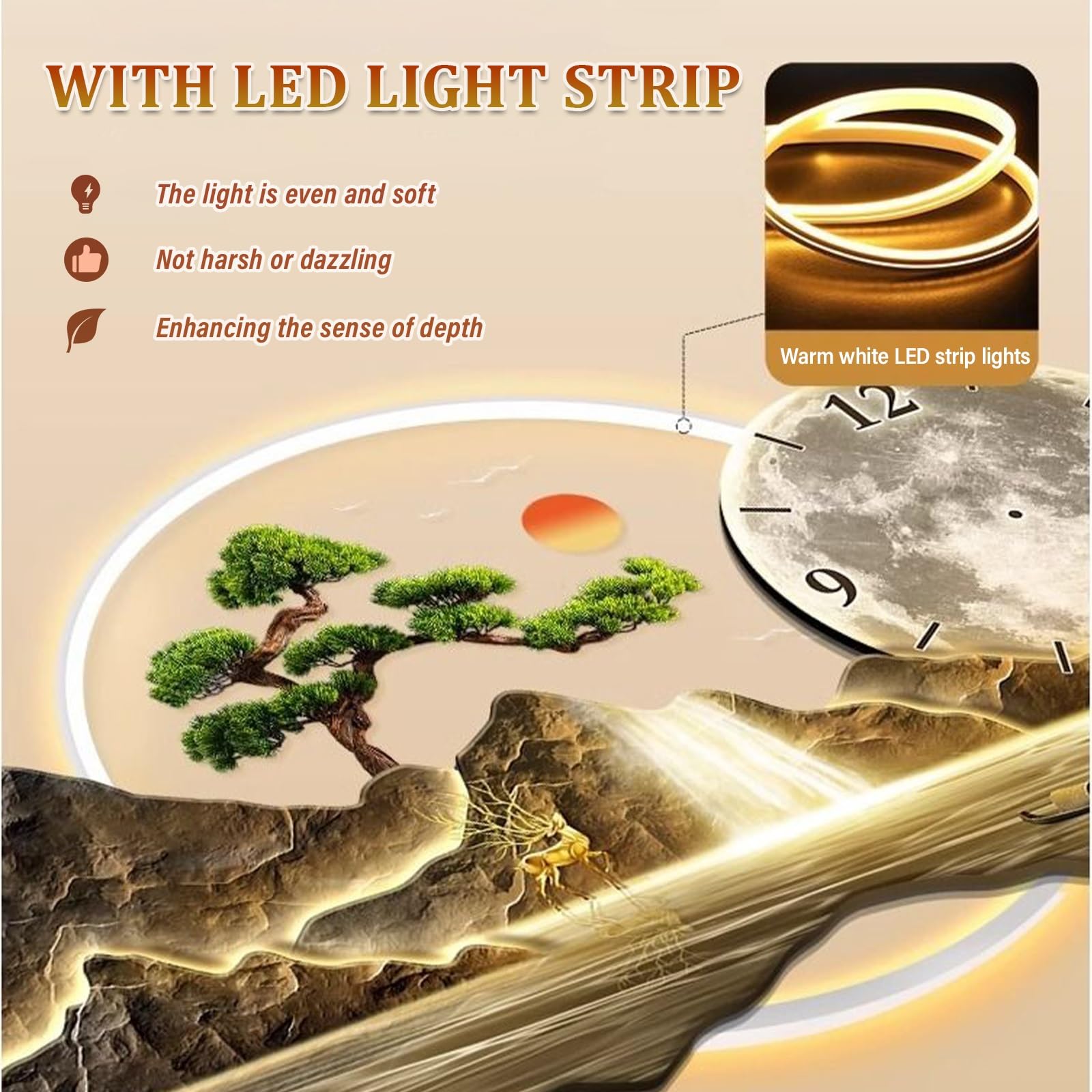 Orologio decorativo da parete 3D con luce LED, orologio da parete silenzioso moderno, grande scultura da appendere, alimentatore plug-in, per soggiorno, camera da letto, corridoio ingresso