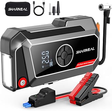 Sharmeal Jump Starter with Air Compressor, 7000A Car Battery Jump Starter All Gas /12.0L Diesel, 200PSI Jump Starter Power Pack Portable 12V Jump Box with Jumper Cables, LED Light