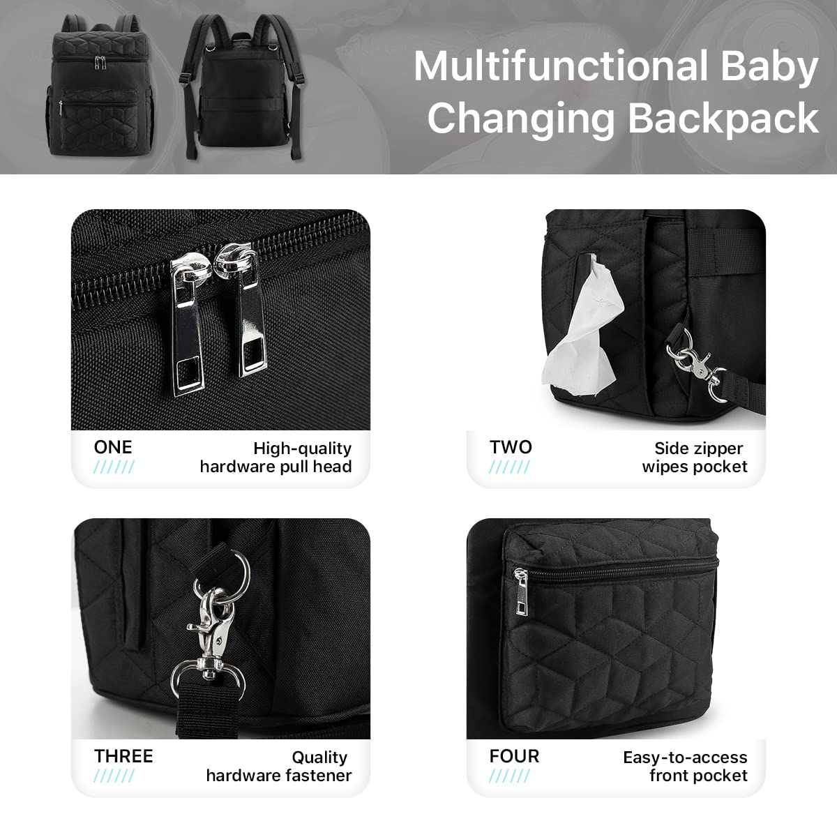 SONARIN Grande Capacità Multifunzionale Zaino Fasciatoio,Elegante Borsa per Pannolini Impermeabile Zaino Mamma Neonato Borsa Fasciatoio da Viaggio Portatile con Ganci per Passeggino(Nero)