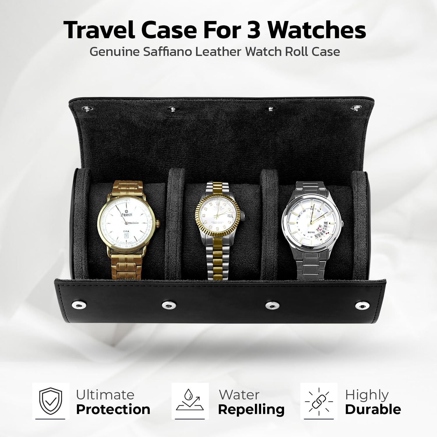 W&S - Estuche de viaje para relojes para hombres y mujeres con organizador de almacenamiento de 3 relojes, almacenamiento seguro con innovadoras almohadas extraíbles y separadores sólidos para